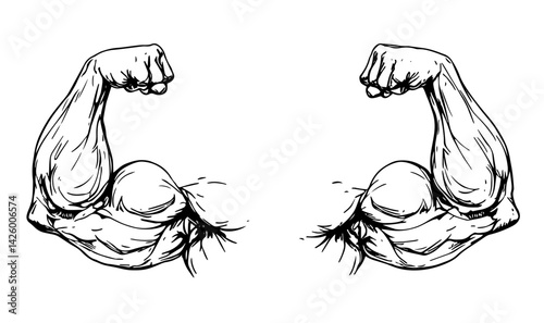 Muscular hands arms of strong man bodybuilder sketch engraving vector illustration