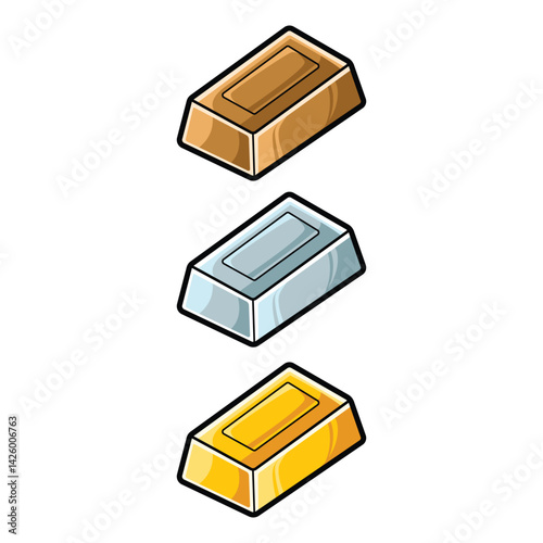 Metal Bar Vector Set Illustration Gold, Silver, Bronze in Cartoon Style