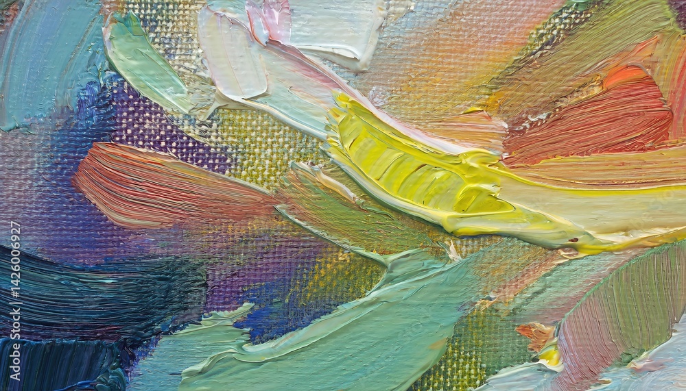 Fragment from Painted Canvas Texture Vibrant Abstract Swirls of Colors in a Textured Landscape, Intriguing Artwork Evoking Emotion and Complexity.