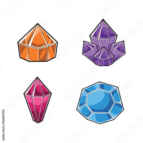 Vector Set Illustration of Colorful Cartoon Jewels and Crystals