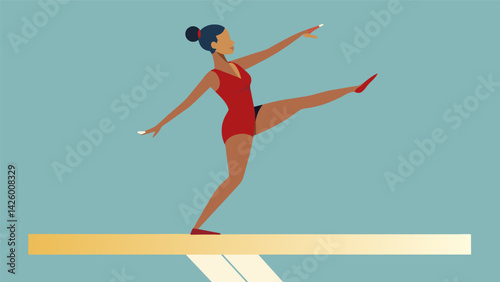 A gymnast elegantly balancing on one foot on the balance beam her arms extended in a graceful arabesque.. Vector illustration