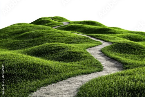 3D illustration of a grassy hill with a small path leading up it, against a white background, isolated on the left side, high-resolution photography