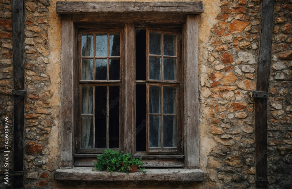 An old, weathered wooden window set in a stone wall, with a small plant on the sill. An old, weathered wooden window set in a stone wall, with a small plant on the sill.