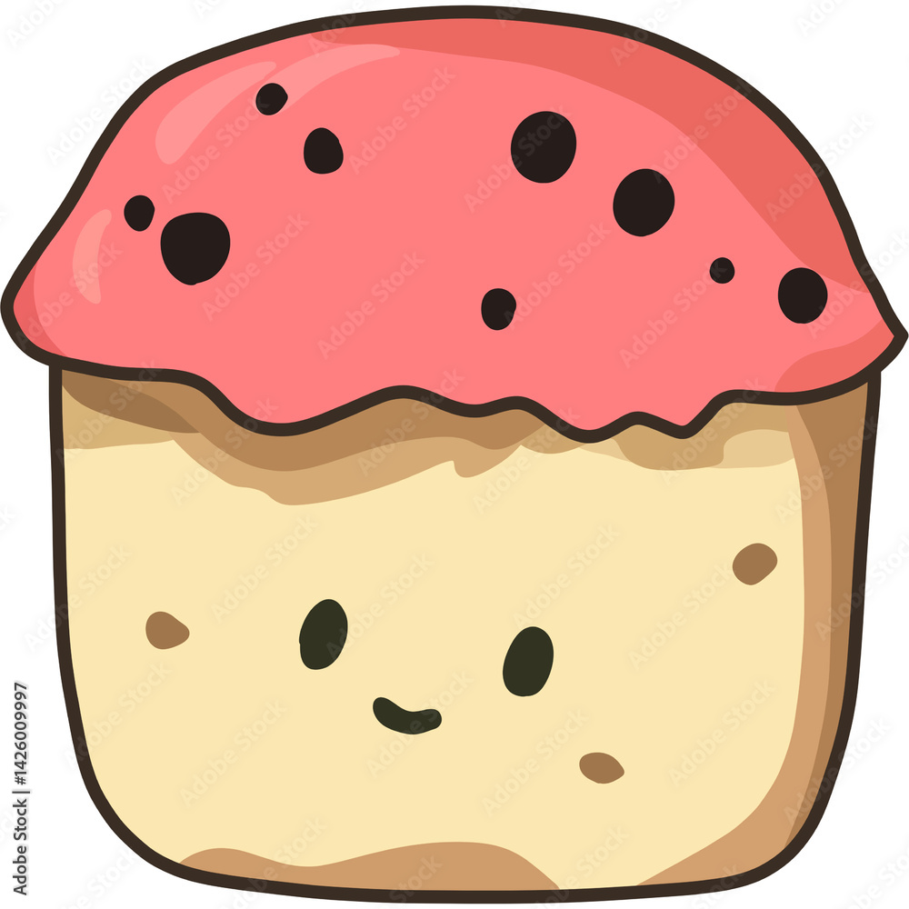 Fototapeta premium Cute, square-ish donut with a light yellow body and pink frosting with black sprinkles. It has a simple, smiling face.
