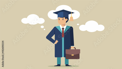 A graduate excitedly starting their first real job but also feeling overwhelmed by the responsibility of student loan debt.. Vector illustration