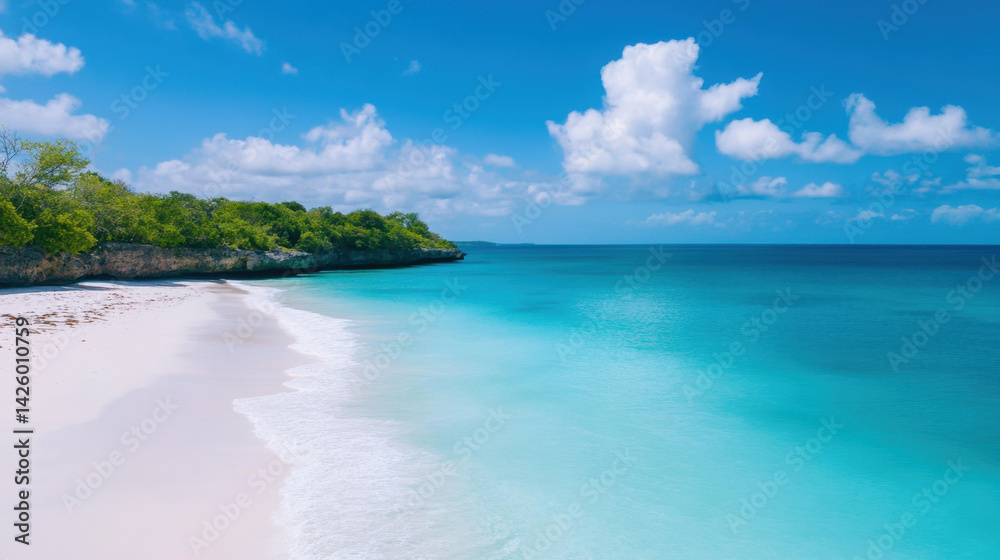 Fototapeta premium stunning beach scene featuring soft white sand and clear turquoise waters under bright blue sky with fluffy clouds. tranquil atmosphere invites relaxation and exploration