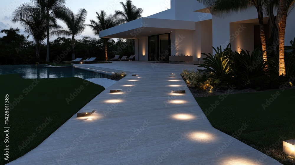 Fototapeta premium Outdoor pathway illuminated by embedded lights, leading to modern home. Lush landscaping surrounds a pool area