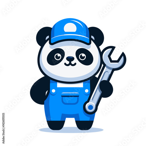 Cartoon Panda Mechanic Character with Wrench. Black and white bear in blue overalls perfect for automotive repair marketing or maintenance service branding.