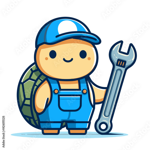 Cartoon Turtle Mechanic Character with Wrench. Green reptile in blue overalls ideal for auto repair shop marketing or vehicle maintenance service branding.