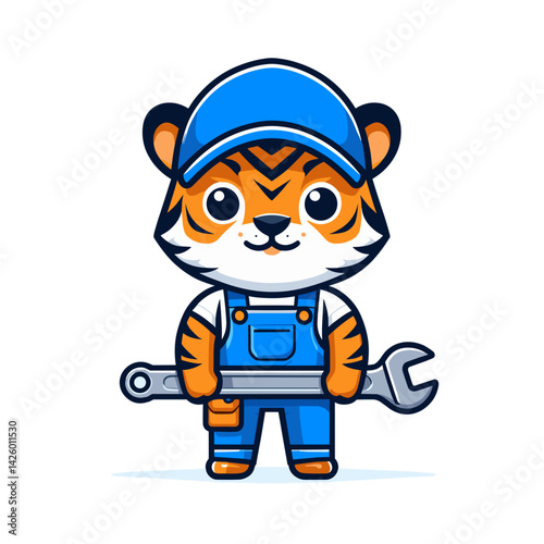 Cartoon Tiger Mechanic Character with Wrench. Orange striped feline in blue overalls perfect for automotive repair business branding or maintenance service marketing.