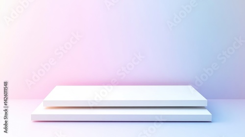 White Platform Minimalist Studio Setup, Soft Pastel Lighting, Front View, Clean Lines, Display Product Mockup, Gradient Wall, Calm Serene Mood, Ideal for Branding Ads