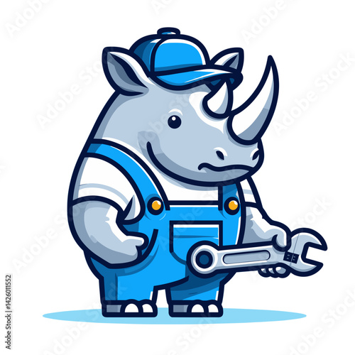 Cartoon Rhino Mechanic Character with Wrench. Gray rhinoceros in blue overalls perfect for heavy equipment repair branding or industrial maintenance service marketing.