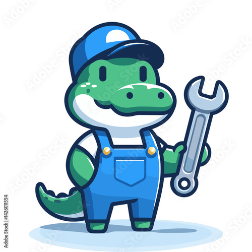 Cartoon Crocodile Mechanic Character with Wrench. Green reptile in blue overalls perfect for automotive repair marketing or maintenance service business branding.