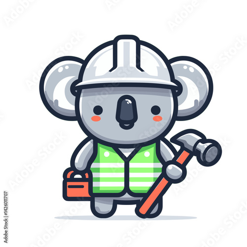 Cartoon Koala Construction Worker with Tools. Gray marsupial in green safety vest and white hardhat ideal for building industry marketing or construction service branding.