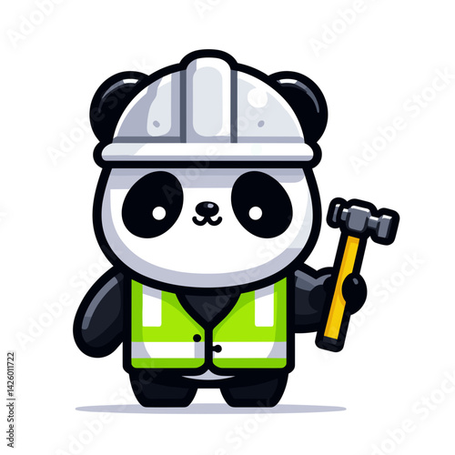 Cartoon Panda Civil Engineer with Hammer. Black and white bear in safety vest and white hardhat perfect for engineering firm branding or construction project management marketing.