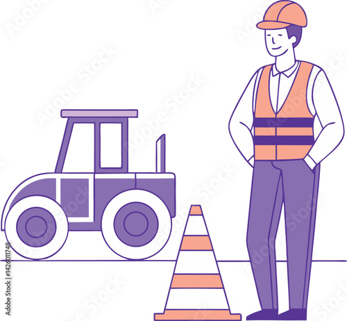 Male construction worker, safety vest, hard hat, purple road roller, traffic cone, vector illustration