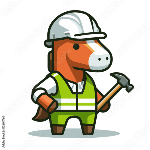 Cartoon Horse Civil Engineer with Hammer. Brown equine in safety vest and white hardhat perfect for engineering firm branding or construction project management marketing.