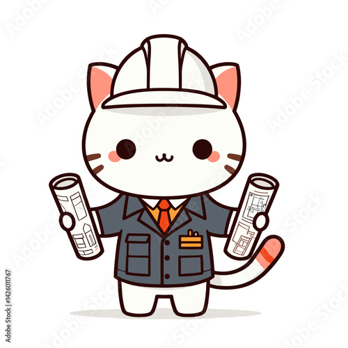 Cartoon Cat Civil Engineer with Blueprints. White feline in gray suit with hardhat perfect for engineering firm branding or architectural project promotion materials.