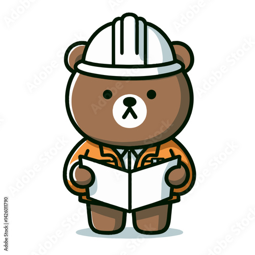 Cartoon Bear Civil Engineer with Blueprints. Brown bear reading construction plans perfect for engineering firm marketing or architectural consultation service branding.
