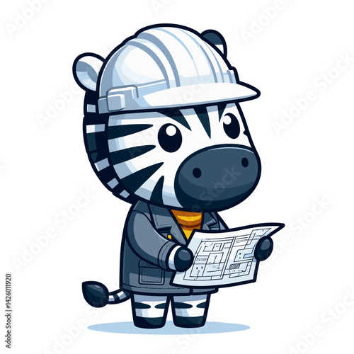 Cartoon Zebra Civil Engineer with Blueprints. Black and white striped animal in business attire examining plans perfect for engineering firm marketing or construction planning.