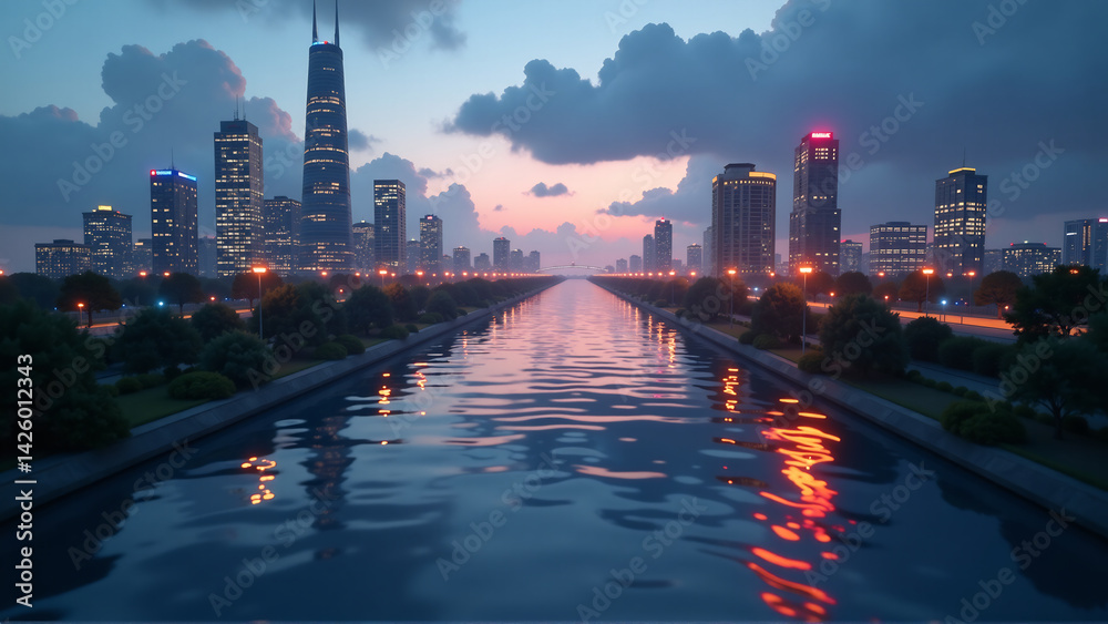 Obraz premium Abstract City Divided by River: One Bank Prosperous & Bright, Other Bank Underdeveloped & Dim