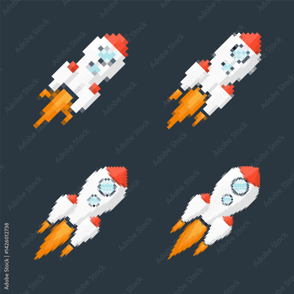 Pixel art rocket with fiery trails, retro games, space-themed designs, apps, or animations. 8-bit style for technology, sci-fi, and futuristic creative projects. Vector illustration