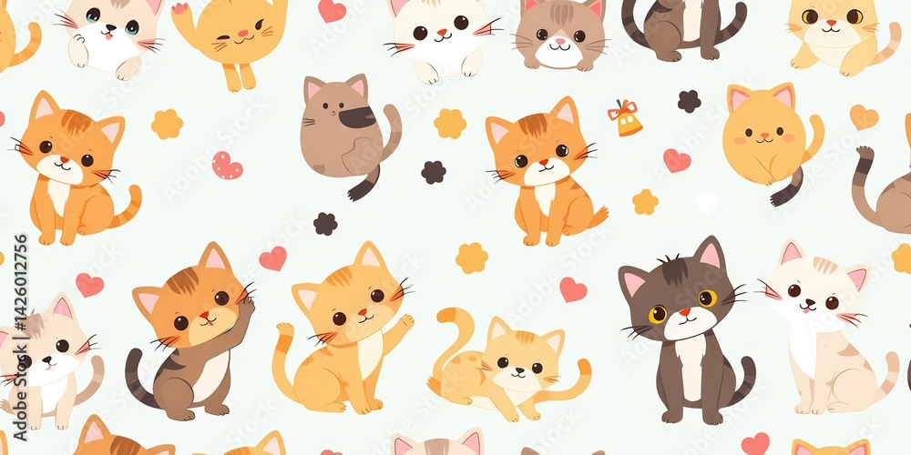 Adorable cartoon cats in playful poses form a seamless repeat pattern ideal for children's fabric, playful, pattern Adorable cartoon cats in playful poses form a seamless repeat pattern ideal for children's fabric, playful, pattern