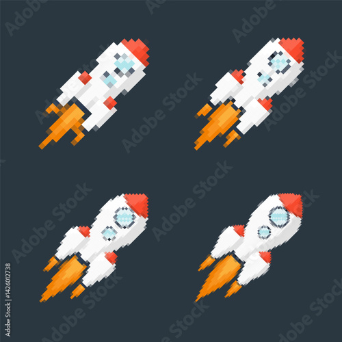 Obraz na płótnie Pixel art rocket with fiery trails, retro games, space-themed designs, apps, or animations. 8-bit style for technology, sci-fi, and futuristic creative projects. Vector illustration w salonie