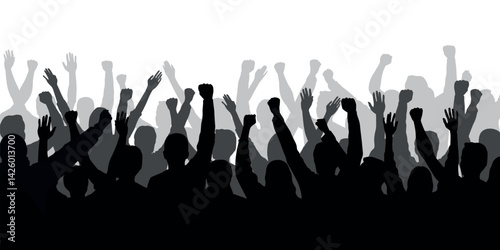 Silhouette of a crowd of people with hands in the air - show spectators, sport fans, protest, demonstration, music festival, people cheering vector illustration