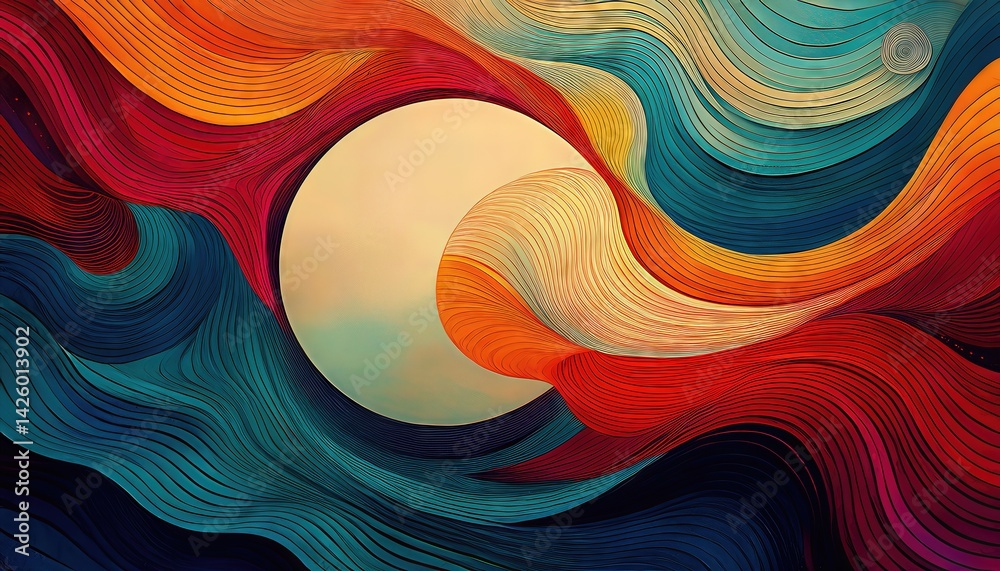 Vibrant Waves of Abstract Geometry A Striking Blend of Intricate Patterns, Radiant Colors, and a Central Circular Form, Emitting an Energetic Vibe in an Otherworldly Scene.
