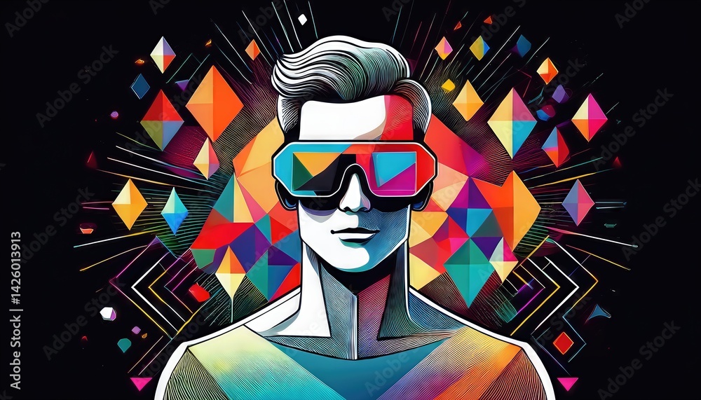 Vibrant, Abstract Artistry A Bright Man in Glasses Against a Black Backdrop, Exploring a Kaleidoscope of Colors Amidst Intricate Geometric Patterns.