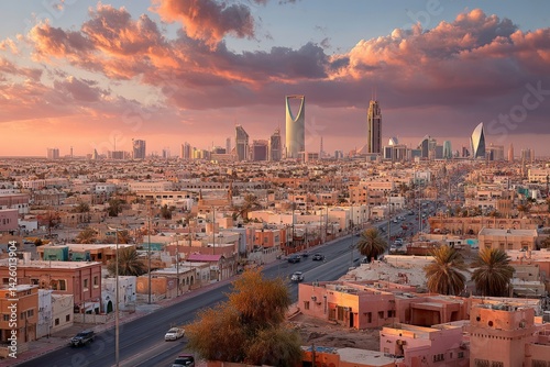 Vibrant skyline of Riyadh at sunset with urban landscape and dramatic clouds illuminating the city