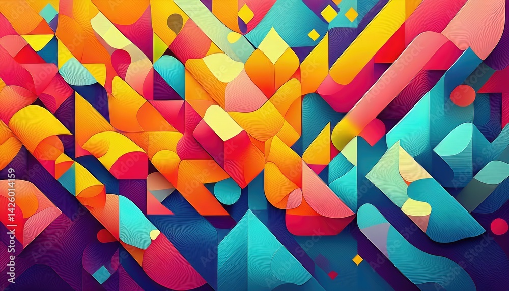 Vibrant, Kaleidoscopic Geometric Artistry A Fusion of Color and Form in an Abstract Landscape, Crafted by the Power of Generative AI, Inviting Viewers to Explore a Dynamic, EverEvolving World.