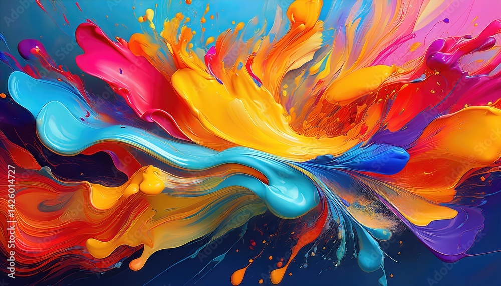 Vibrant Color Splashes Animate Gradient Backdrop in Abstract Artwork, Showcasing a Dynamic Interplay of Hues and Textures, Evoking Energy and Emotion.