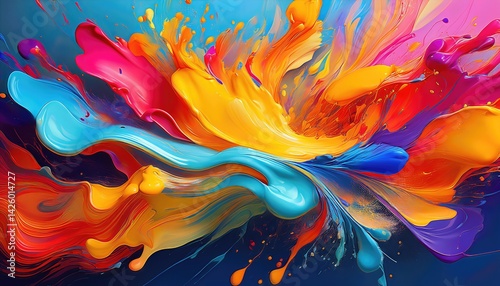 Vibrant Color Splashes Animate Gradient Backdrop in Abstract Artwork, Showcasing a Dynamic Interplay of Hues and Textures, Evoking Energy and Emotion.