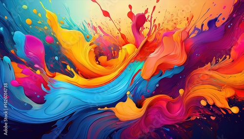 Obraz na płótnie Dynamic Abstraction Vibrant Splashes of Colors Dancing on a Gradient Backdrop, Embracing the Power of Artificial Intelligence in Modern Digital Art w salonie