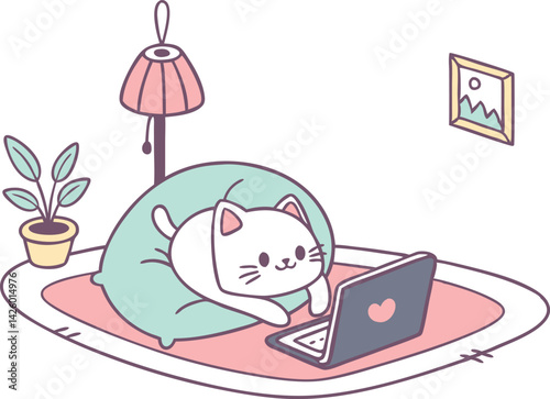 Cozy cat running laptop, lounging on teal cushion vector illustration