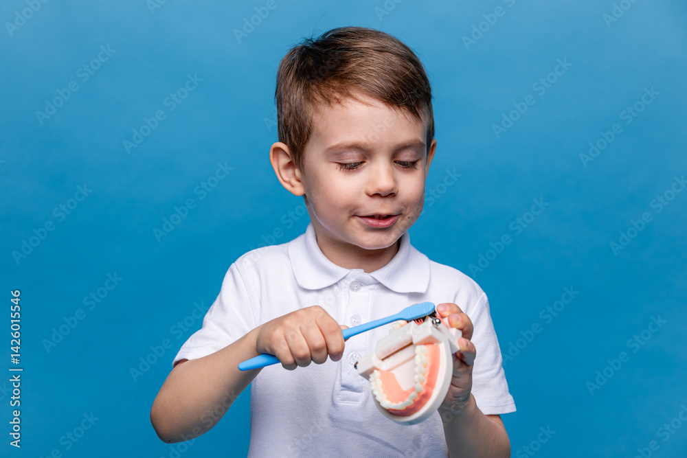 Little boy holding tooth jaw, toothbrush on blue background. Kid training oral hygiene. Child learning brushing, cleaning teeth. Prevention of caries in children. children dentistry. dental care kids