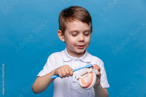 Obraz na płótnie Little boy holding tooth jaw, toothbrush on blue background. Kid training oral hygiene. Child learning brushing, cleaning teeth. Prevention of caries in children. children dentistry. dental care kids w salonie
