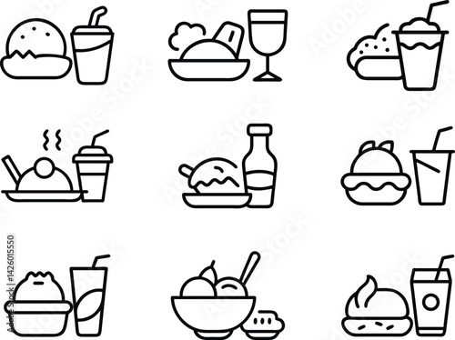 Food and Drink Icons Set. Fast Food, Meals, Beverages Line Art Collection