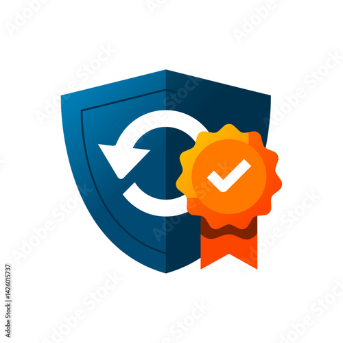 Guarantee shield flat illustration. circular arrow and badge icon. warranty, protection, money back, secure service, or product assurance. Editable flat design for marketing materials