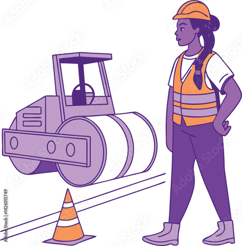  Female construction worker, african american, safety vest, hard hat, purple road roller, traffic cone, vector illustration