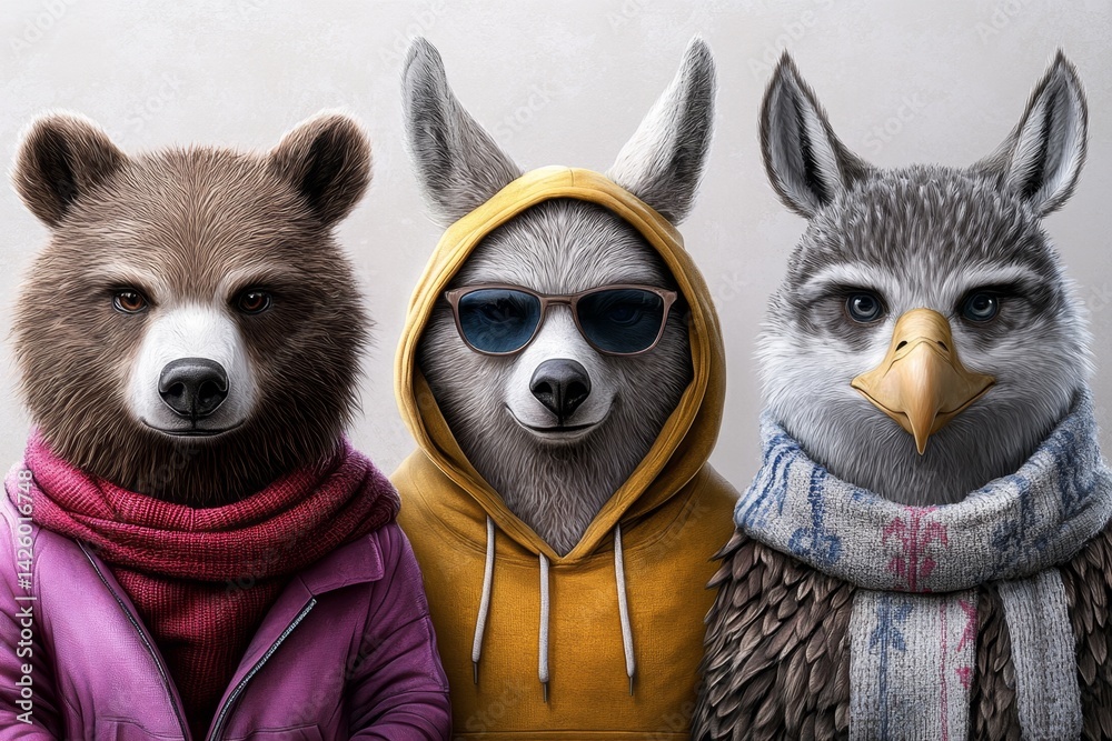Obraz premium Three animals in stylish : a bear wearing a pink jacket and red scarf, an eagle with sunglasses standing between them, and a donkey dressed in a yellow hoodie. The background is white, and the