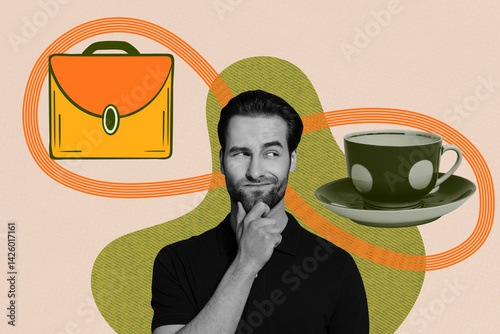 Creative sketch artwork collage of minded businessman think coffee cup briefcase decision work pause beverage tea-party university
