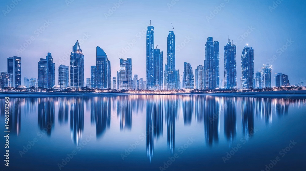 Modern cityscape reflected in tranquil water at dawn Modern cityscape reflected in tranquil water at dawn