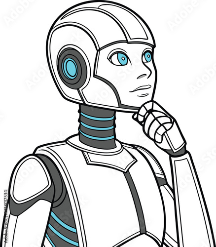 Futuristic humanoid robot, white sleek design, blue glowing neck, detailed facial features, high tech android vector illustration