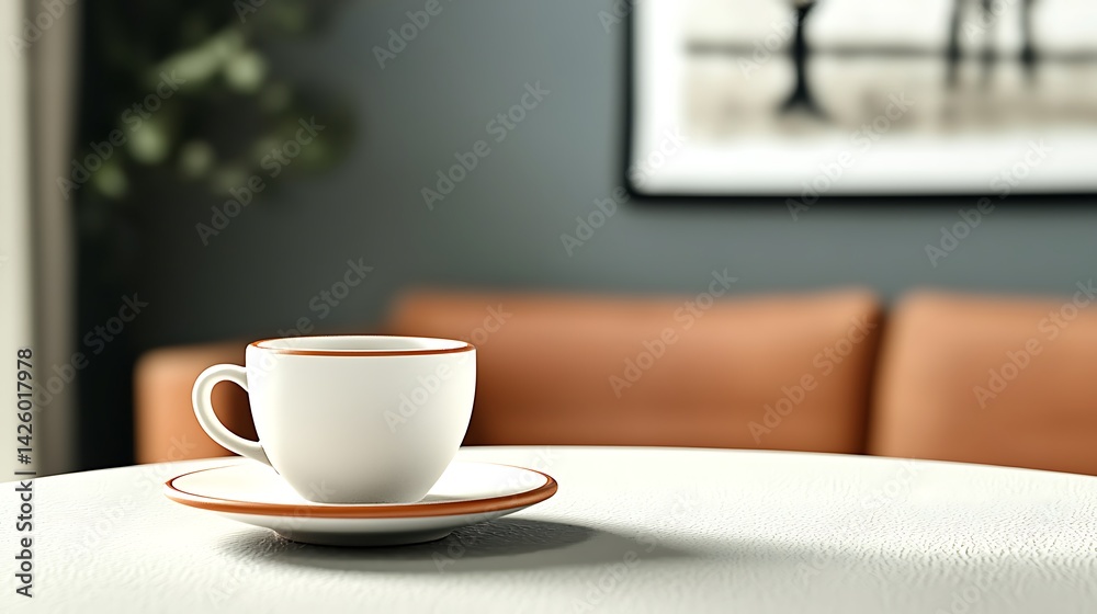 A serene coffee cup on a white table in a cozy living room with soft furnishings and art A serene coffee cup on a white table in a cozy living room with soft furnishings and art