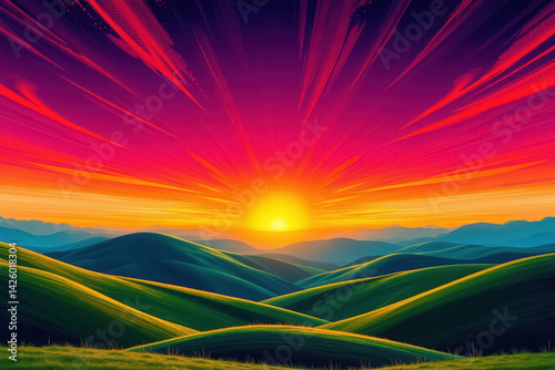 vibrant sunset illuminating lush rolling hills. The warm hues of the sky blend with the serene landscape, creating a dramatic and tranquil atmosphere.