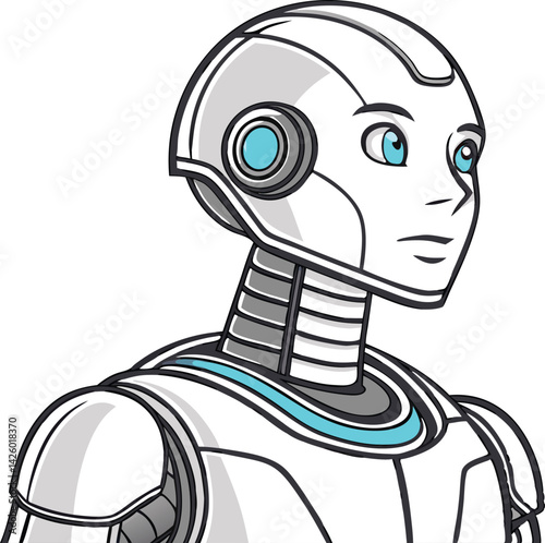 Futuristic humanoid robot, white sleek design, blue glowing neck, detailed facial features, high tech android vector illustration