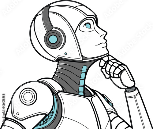 Futuristic humanoid robot, white sleek design, blue glowing neck, detailed facial features, high tech android vector illustration
